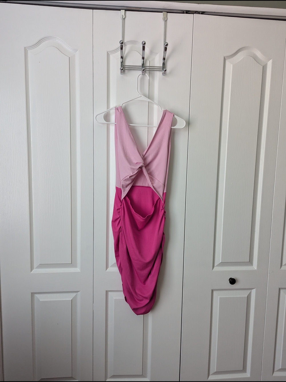 Two-Tone Pink Twist-Front Midi Dress